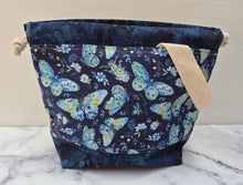 Load image into Gallery viewer, Draw String Project Bag with Pockets &amp; Handle Small - Blue Butterflies