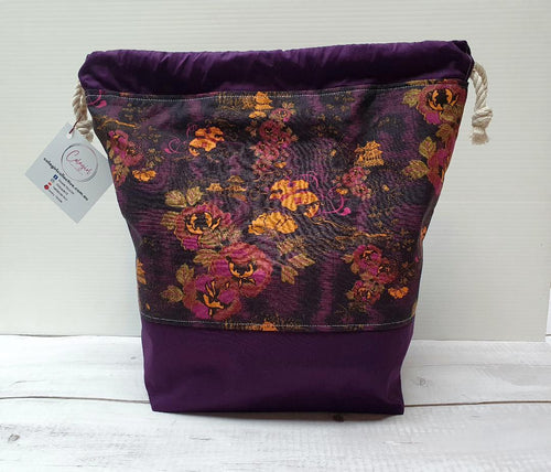Draw String Project Bag Large - Purple Flowers