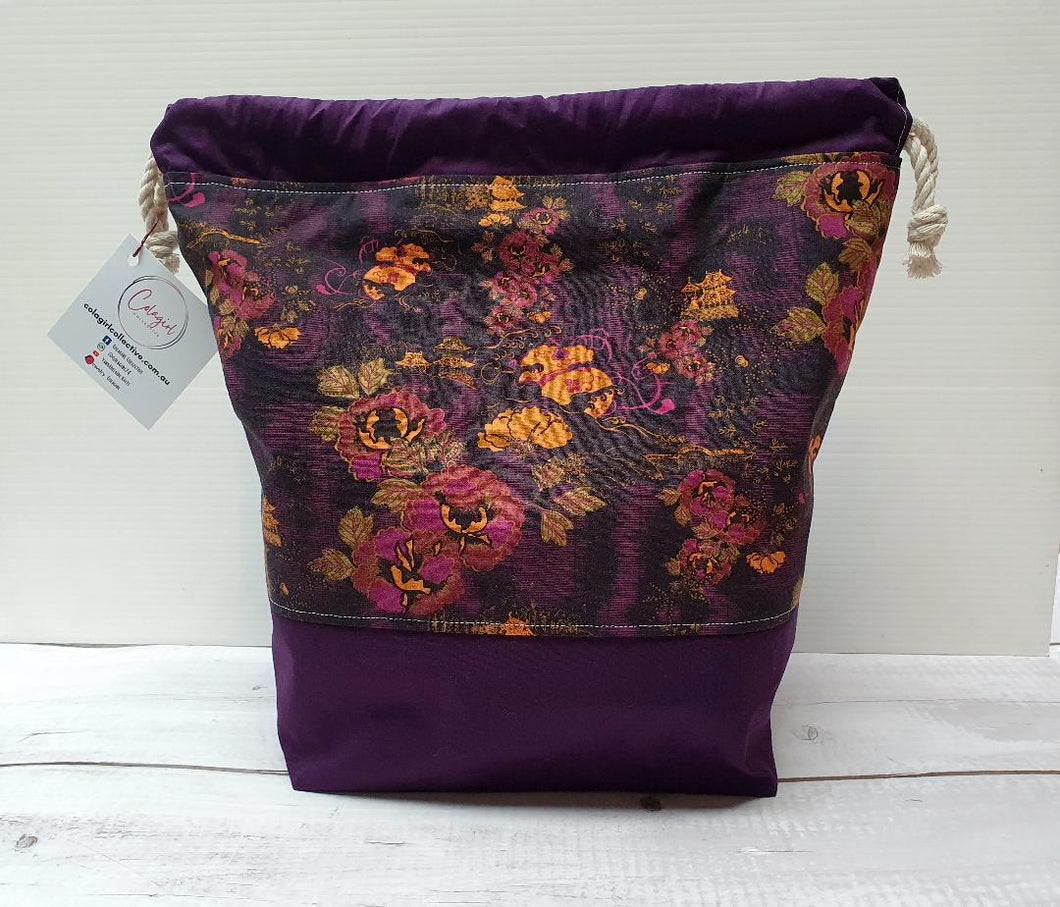 Draw String Project Bag Large - Purple Flowers