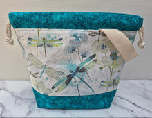 Load image into Gallery viewer, Draw String Project Bag with Pockets &amp; Handle Medium - Dragon Flies